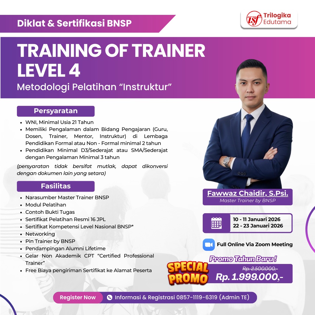 SPESIAL PROMO TAHUN BARU 2026! DIKLAT DAN SERTIFIKASI BNSP TOT LEVEL 4 FULL ONLINE!